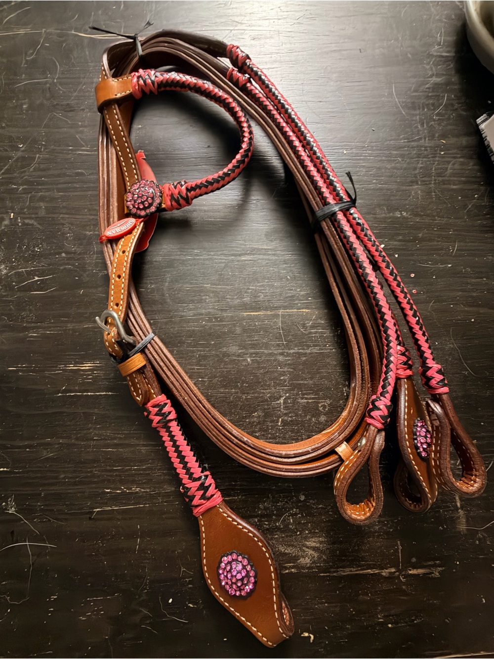 Western Braided Leather Headstall Reins Bridle Pink Black Pink Rhinestones